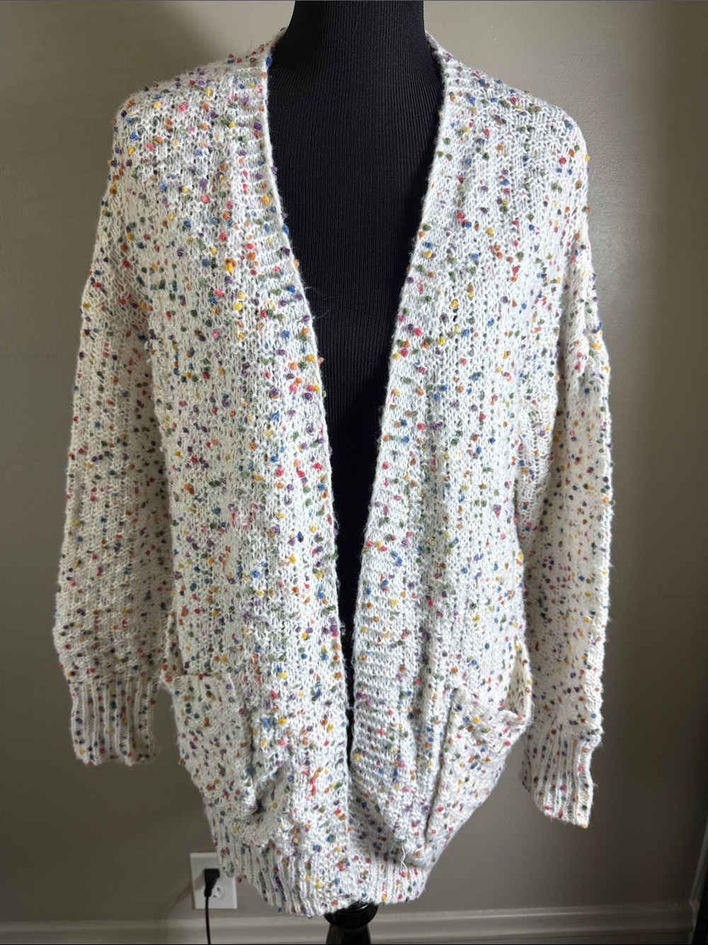 Cozy White w Multicolor Confetti Flecks Open-Front Popcorn Knit Sweater Cardigan